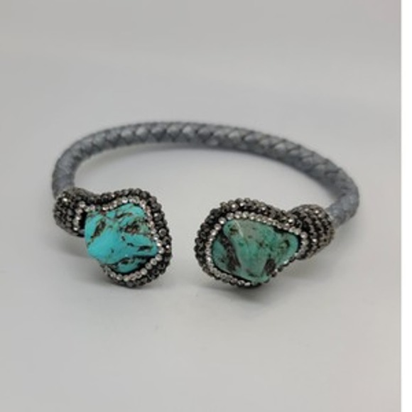 Turquoise & Round Crystal Woven Silver Cord Cuff - Picture 7 of 10